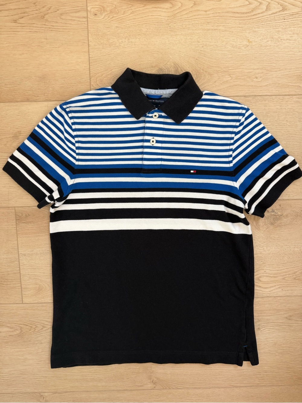 Tommy Hilfiger Slim Fit Polo Collared Shirt Colorblock Striped Blue Preppy Men S
